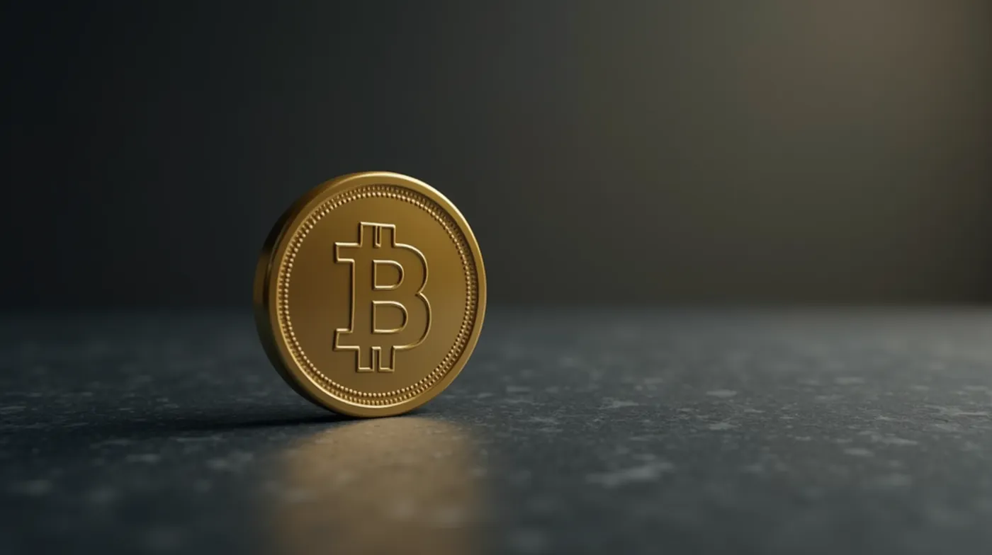 Professional editorial photograph of a single large polished gold coin standing upright on a clean dark stone surface, s