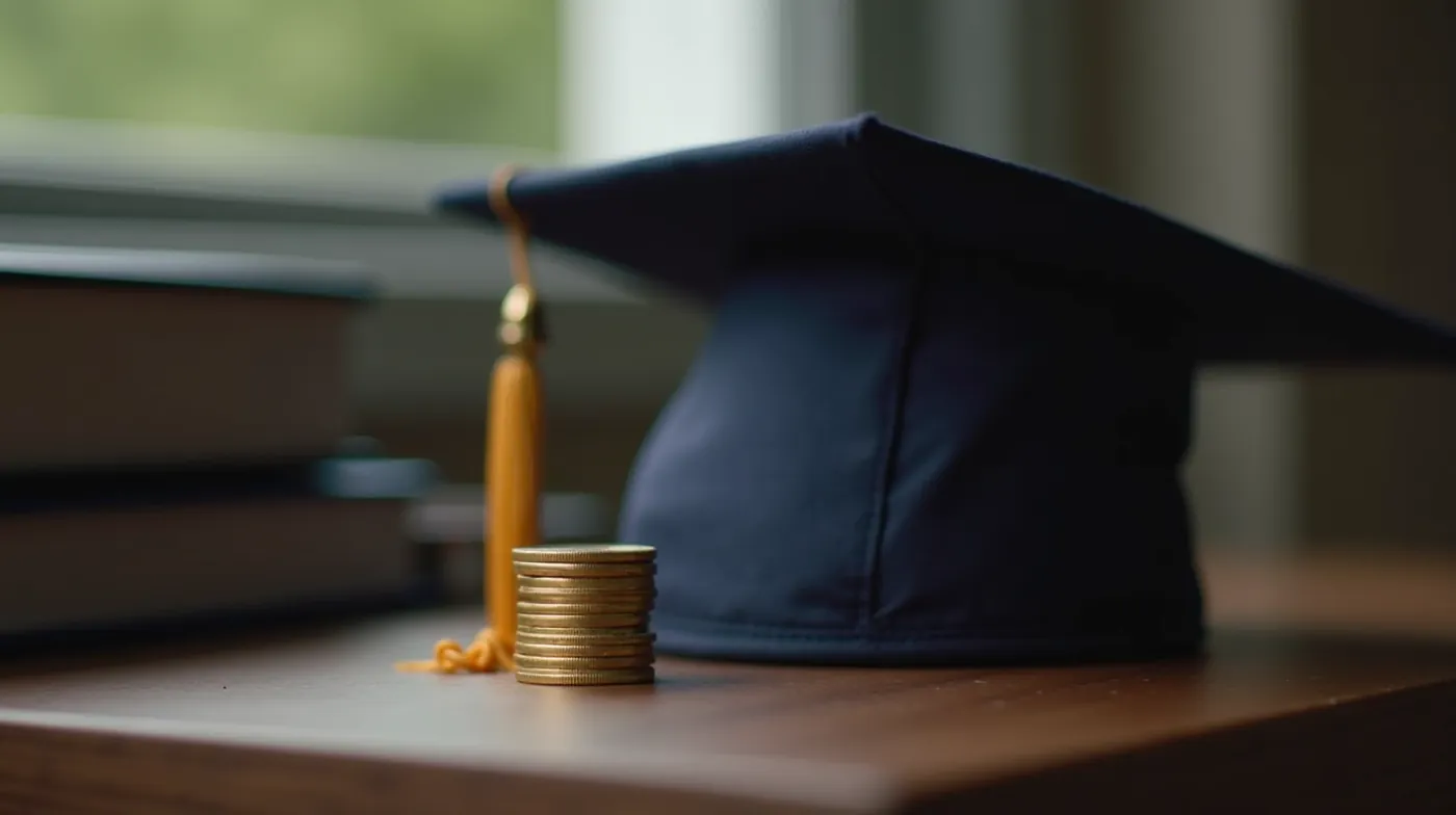 Professional editorial still-life photograph: a small neat stack of new gold coins on a dark walnut wooden desk beside a