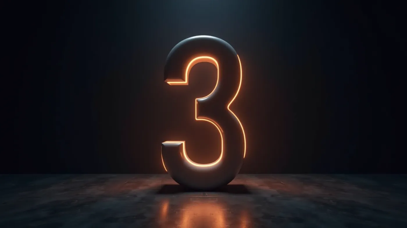 wide professional editorial photograph of a single large glowing abstract 3D number-shaped monolith standing on a dark p