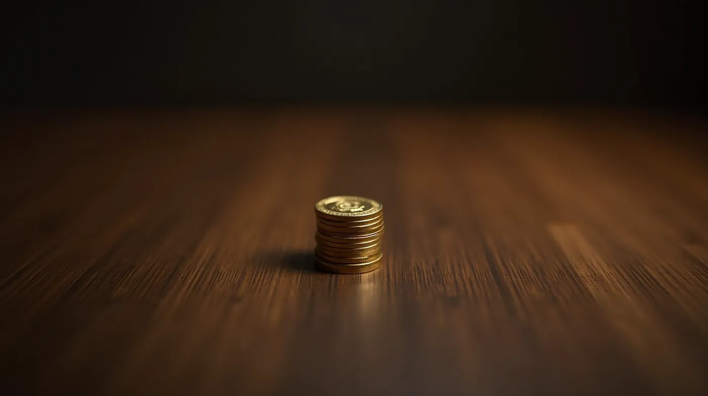Professional editorial macro photograph of a small neat stack of gold coins on a dark walnut wooden desk, single warm ke