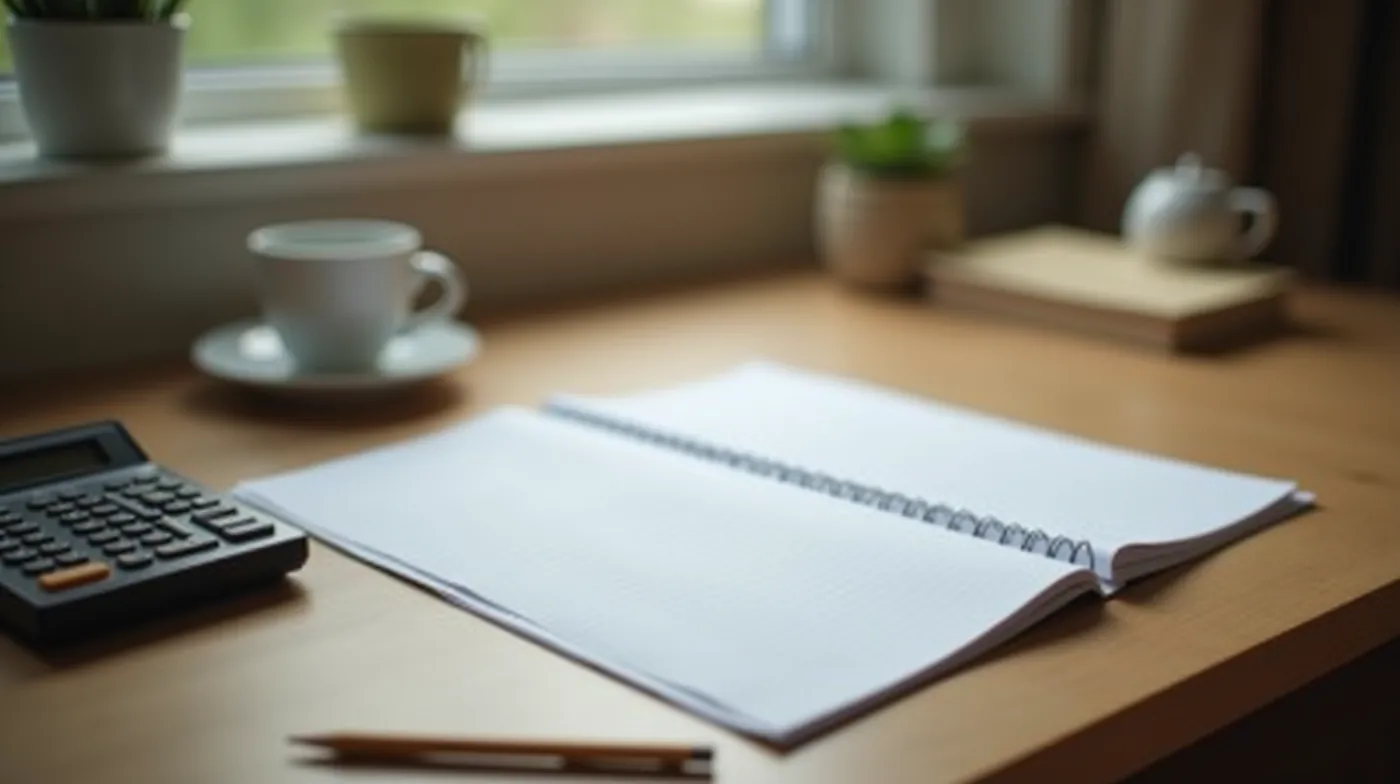 Professional editorial still-life photograph: a tidy wooden home-office desk by a window in soft morning light, an open