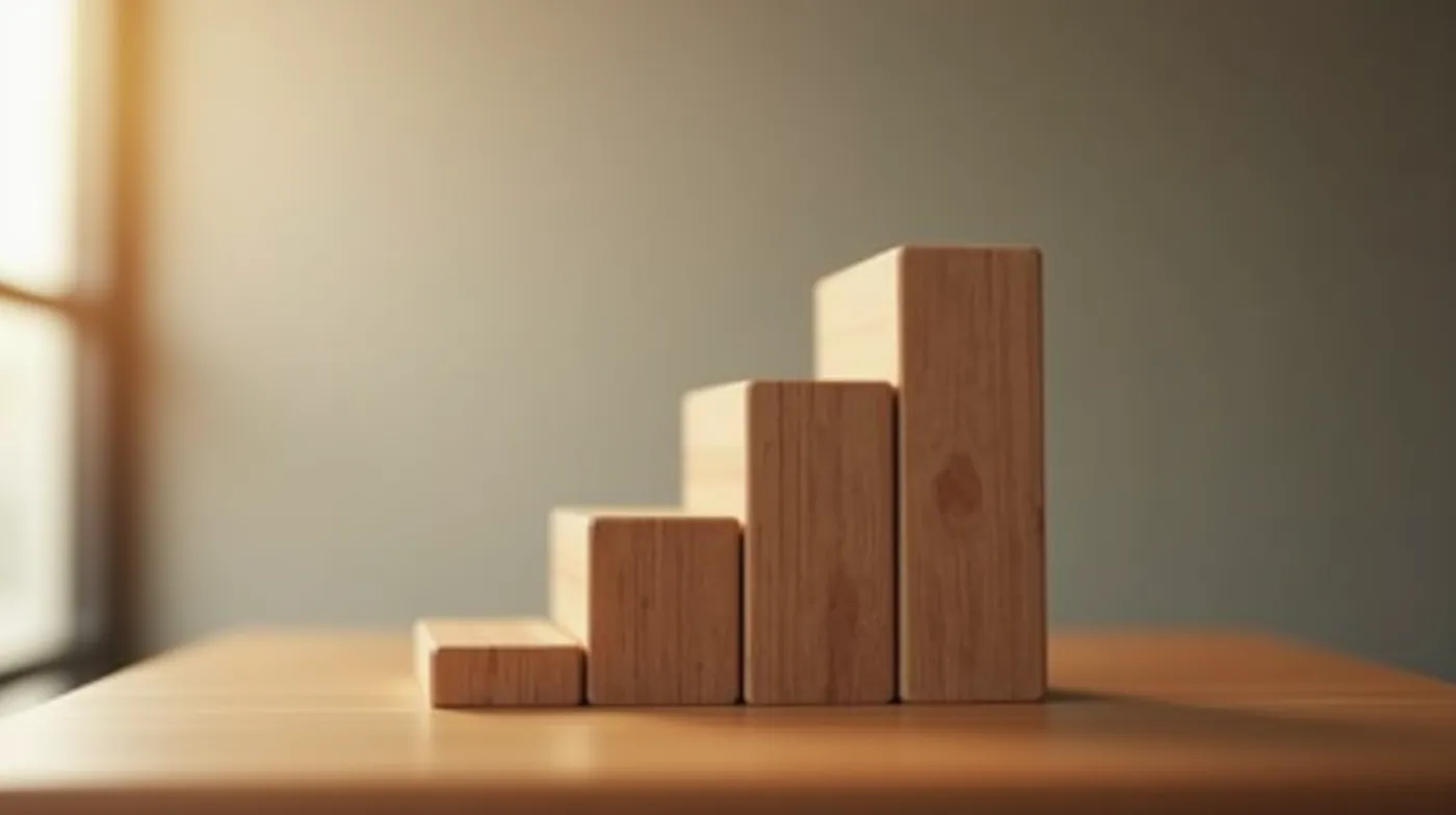 A minimalist ascending staircase of smooth rectangular wooden blocks, each step taller than the last, forming a clean la