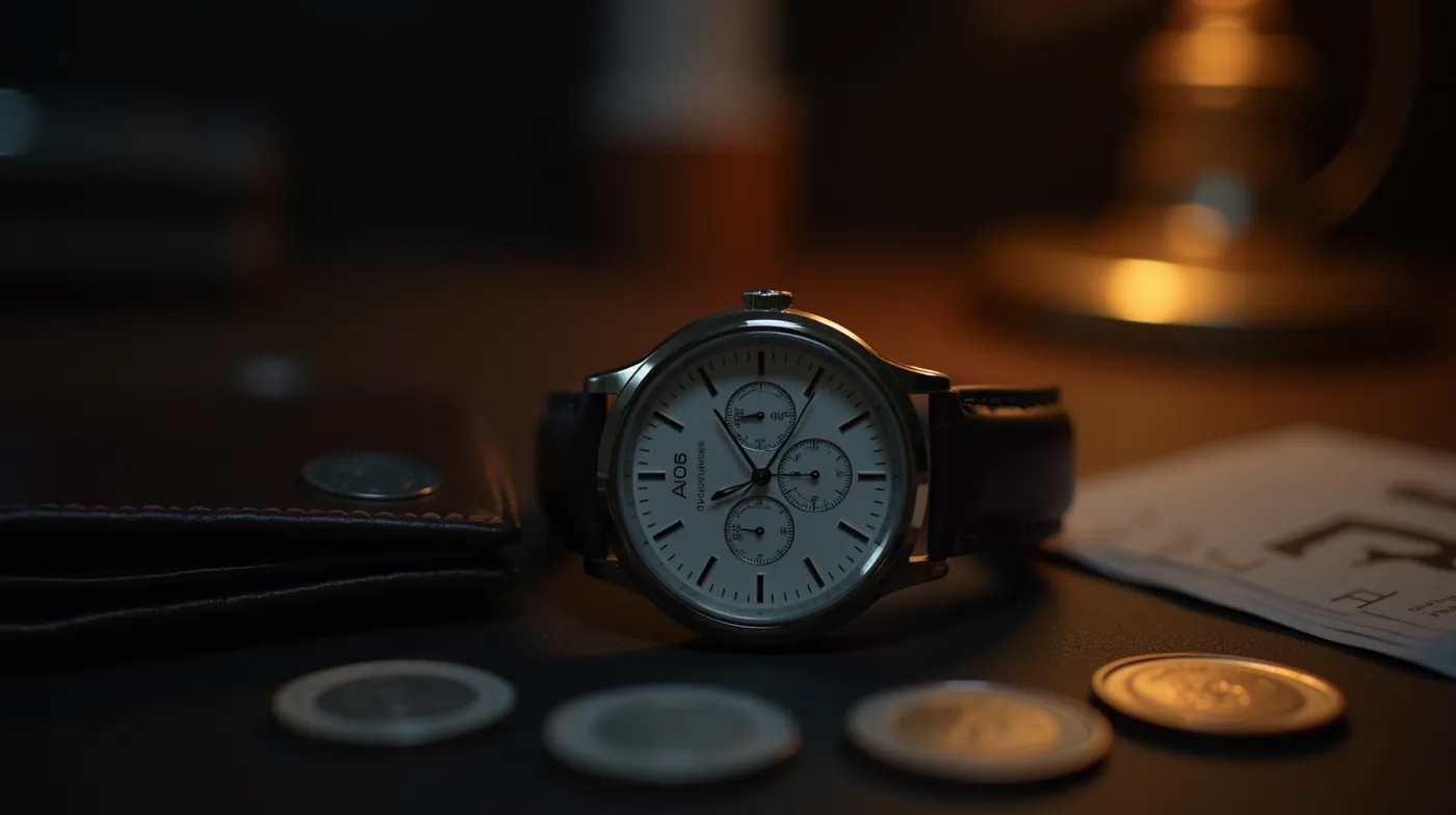 Close-up of a wristwatch next to a wallet and a few paper coins on a dark desk, soft amber desk-lamp glow, shallow depth