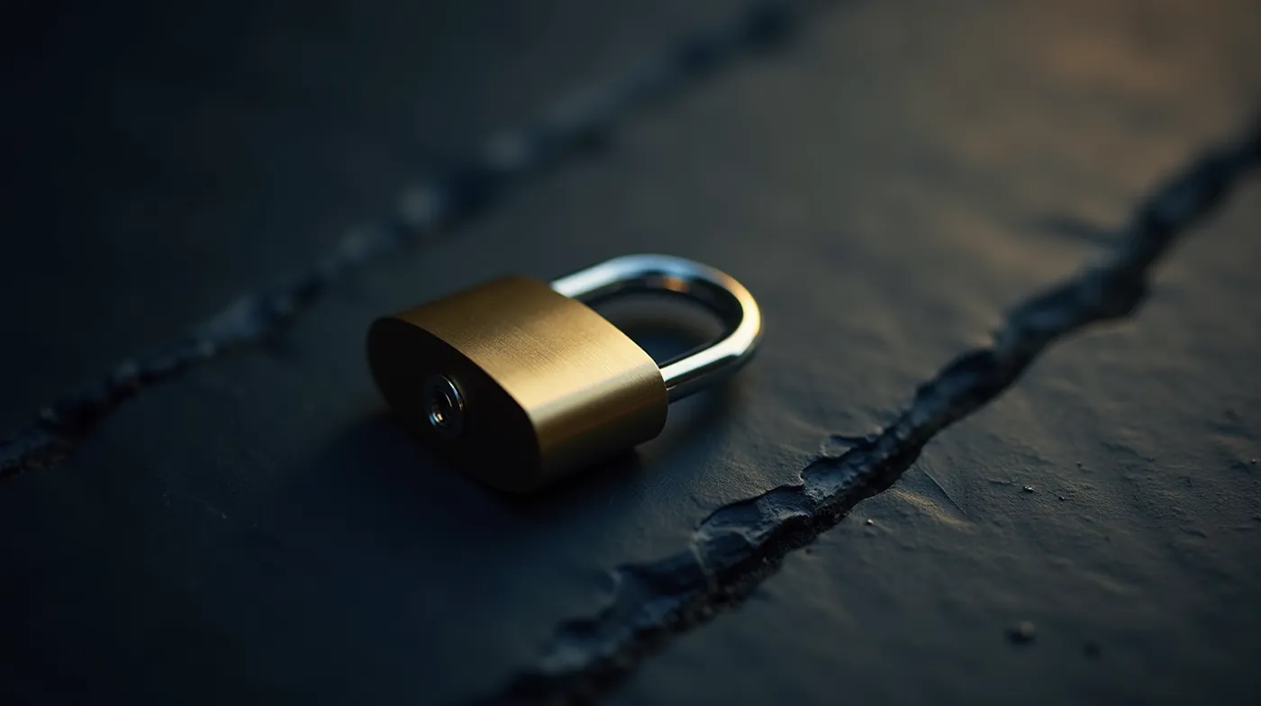 Professional editorial still-life photograph of a single polished brass padlock resting on a dark slate stone surface, s
