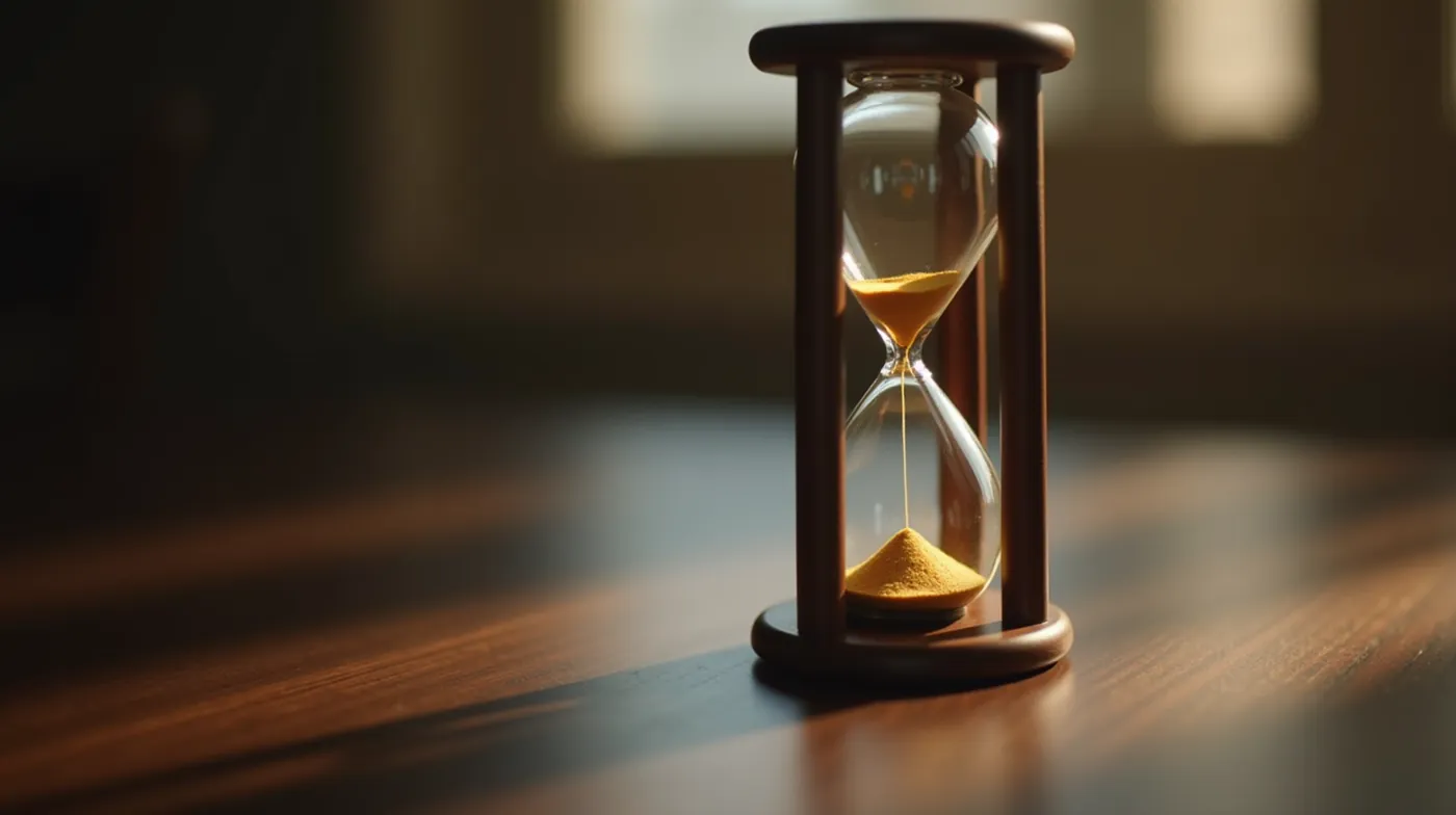 Professional editorial photograph, close-up of a single elegant hourglass with fine golden sand steadily flowing between
